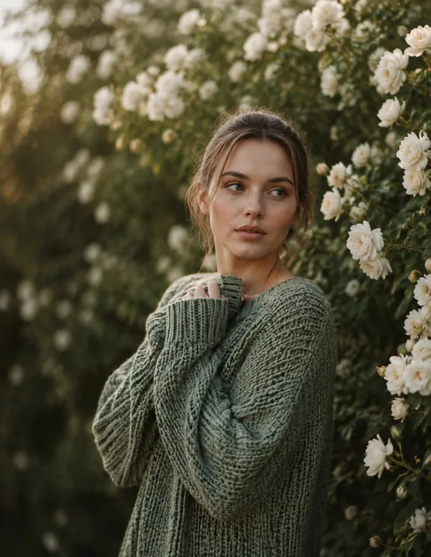 Junge Frau im salbeigrünen Strickpullover vor einer weißen Rosenhecke