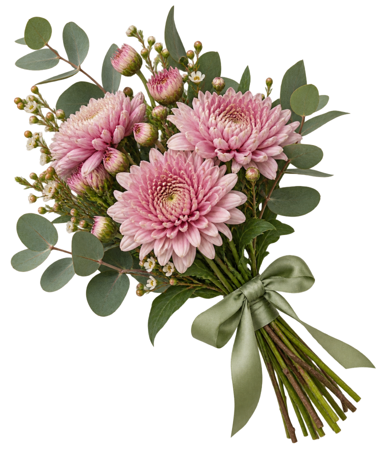 Kleiner Strauß aus rosa Chrysanthemen und Eukalyptusblättern mit salbeigrüner Schleife