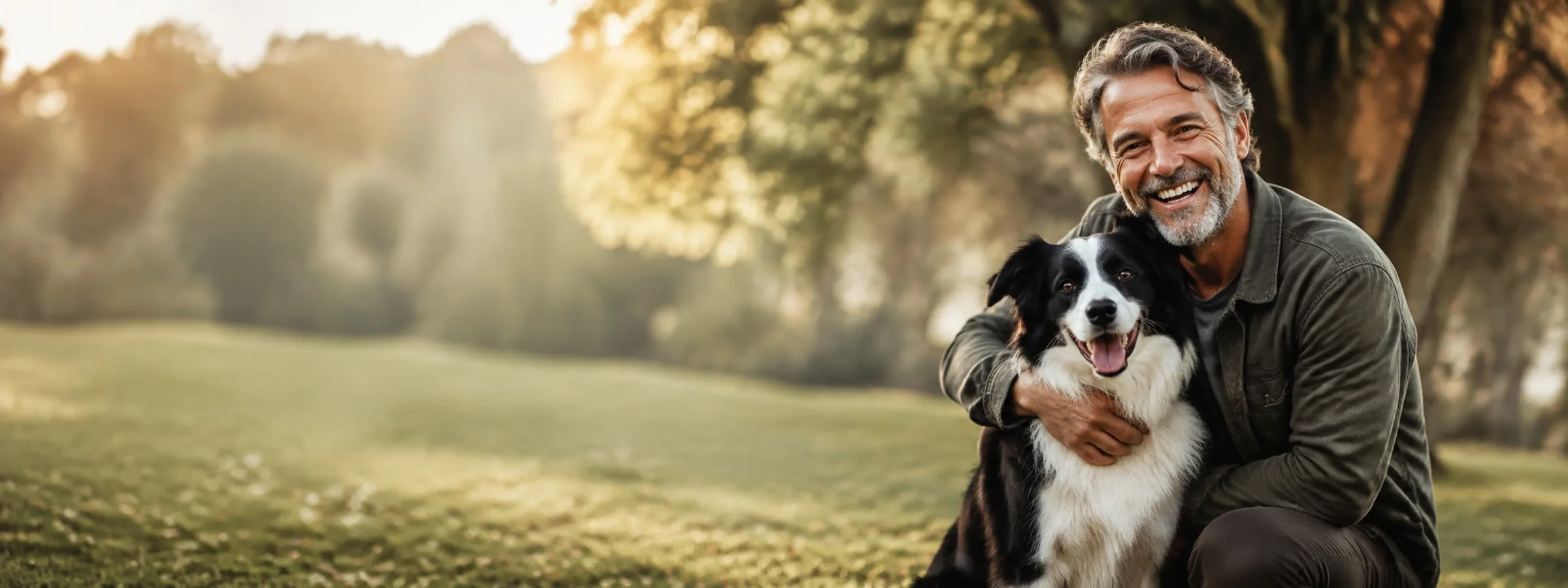 Mann kniet im Park neben seinem Border Collie, beide schauen in die Kamera