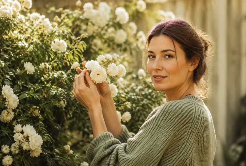 Frau im salbeigrünen Strickpullover vor weißen Kletterrosen