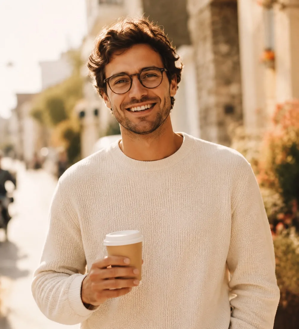 Junger Mann mit Brille und Kaffeebecher in einer sonnigen Straße