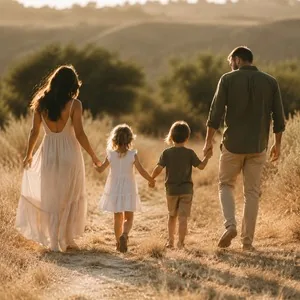 Familie zu viert geht Hand in Hand einen Feldweg entlang