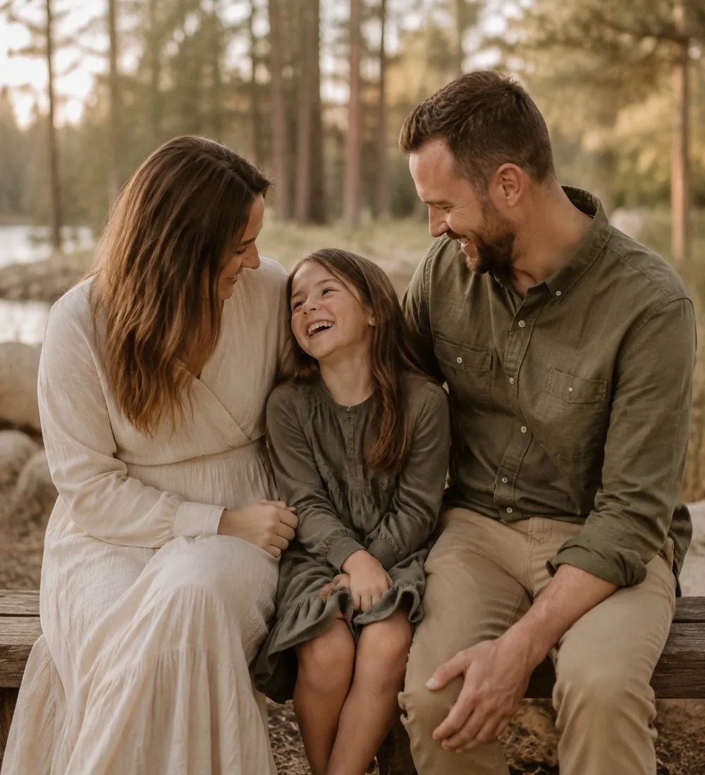 Familie mit Tochter auf einer Holzbank am Waldrand