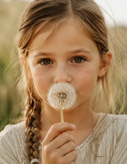 Kleines Mädchen mit Zopf hält eine Pusteblume