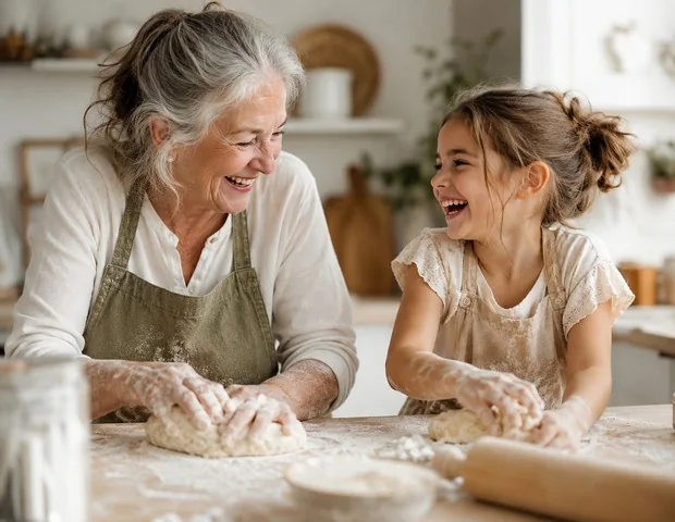Großmutter und Enkelin backen zusammen in einer hellen Küche