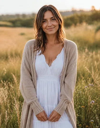 Junge Frau im weißen Sommerkleid auf einer Wiese