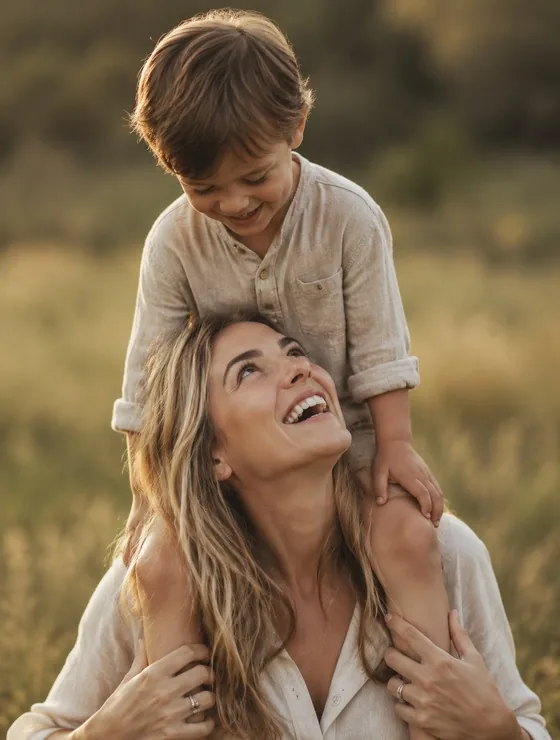 Kleiner Junge auf den Schultern seiner Mutter