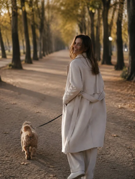 Frau geht mit einem kleinen Hund eine Allee entlang